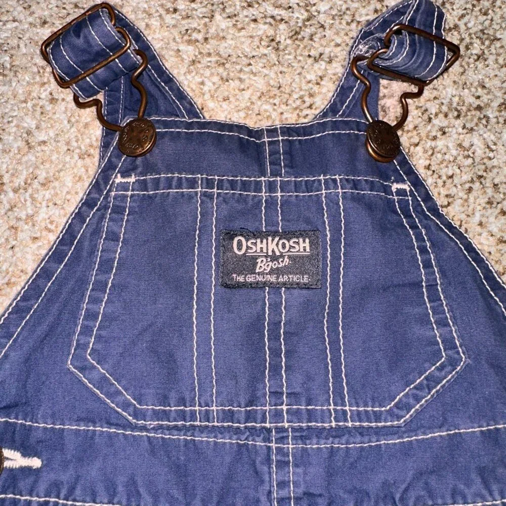 VTG OSHKOSH Navy Blue SHORTALLS 9 MO VESTBAK adjustable strap WHITE STITCHING